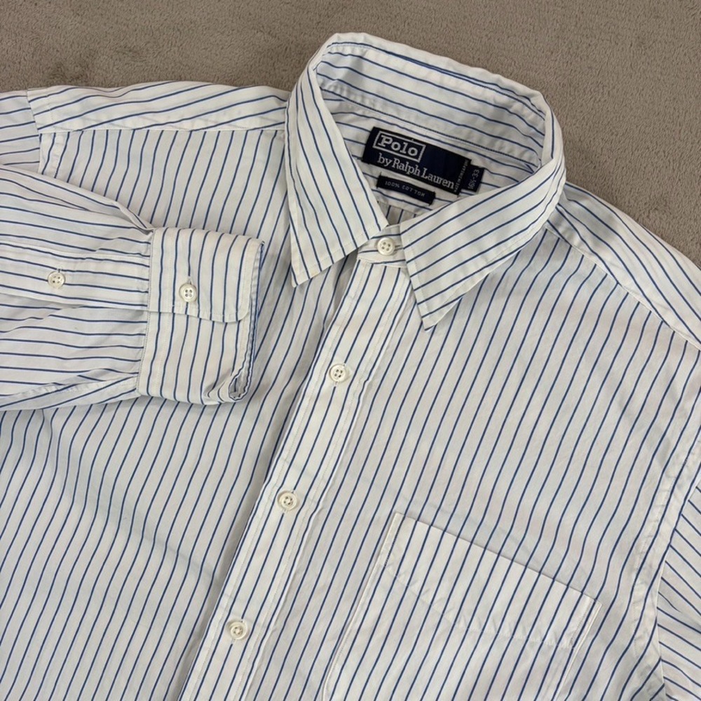 Vintage Polo Ralph Lauren Pocket Shirt in White Blue Striped Men 16.5 33 Coastal